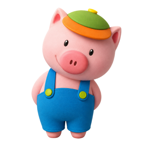 Cholito the pig in blue overalls and a green cap