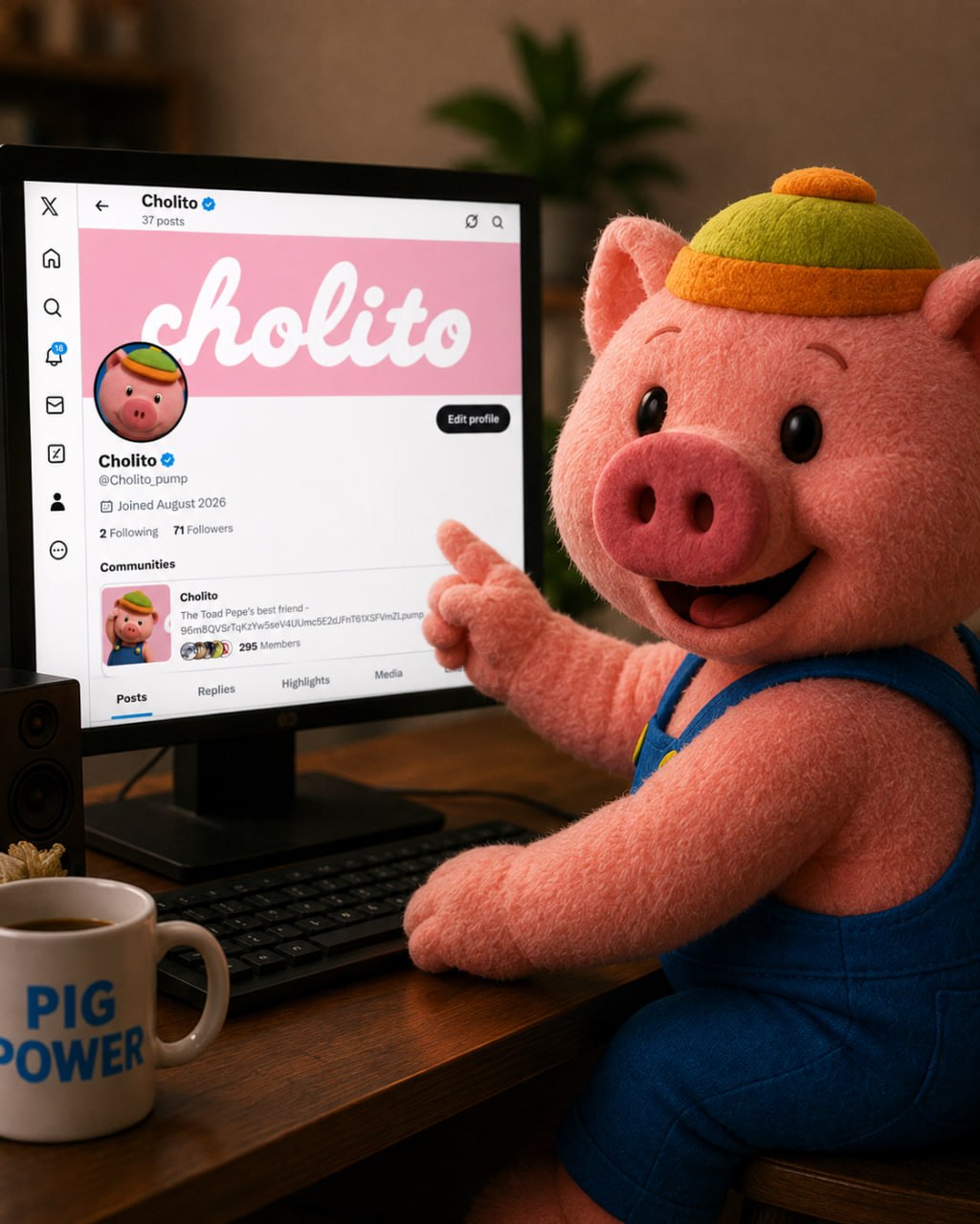 Cholito at a desk pointing at his profile on screen